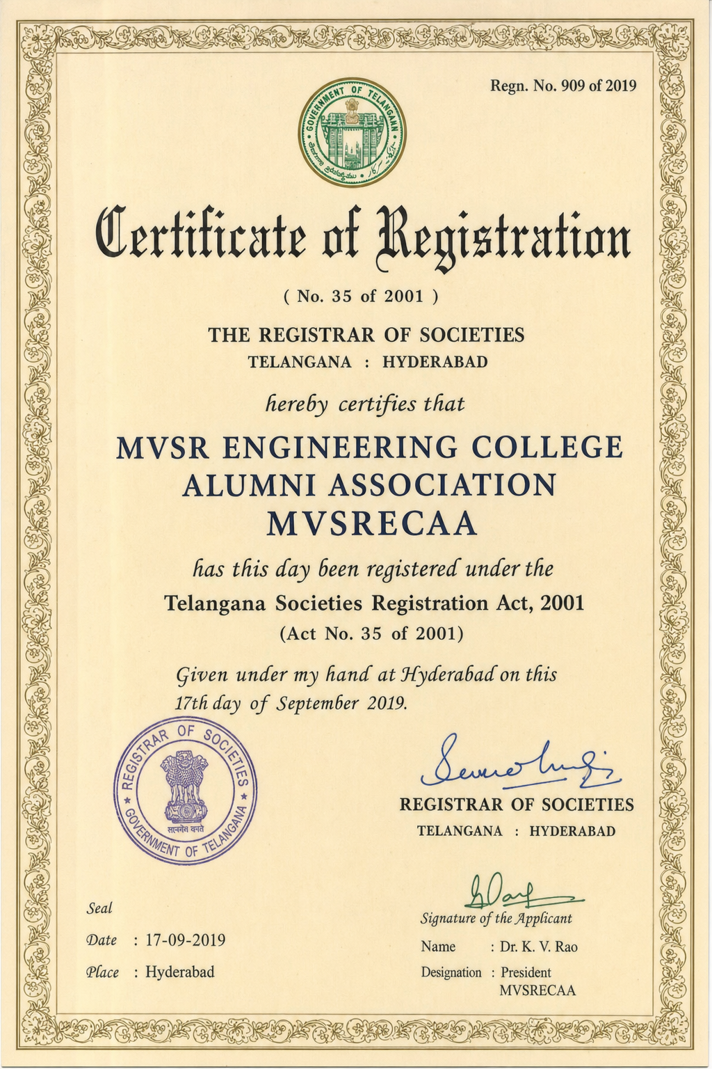 Certificate of Registration (No. 909 of 2019)
